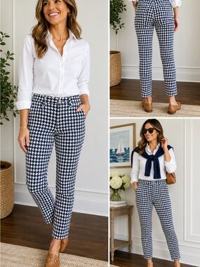 J. McLaughlin Navy & White Houndstooth Slim Ankle Pants